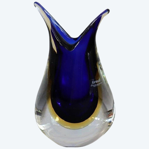 Vaso in vetro di Murano blu e giallo di Formia, anni '70