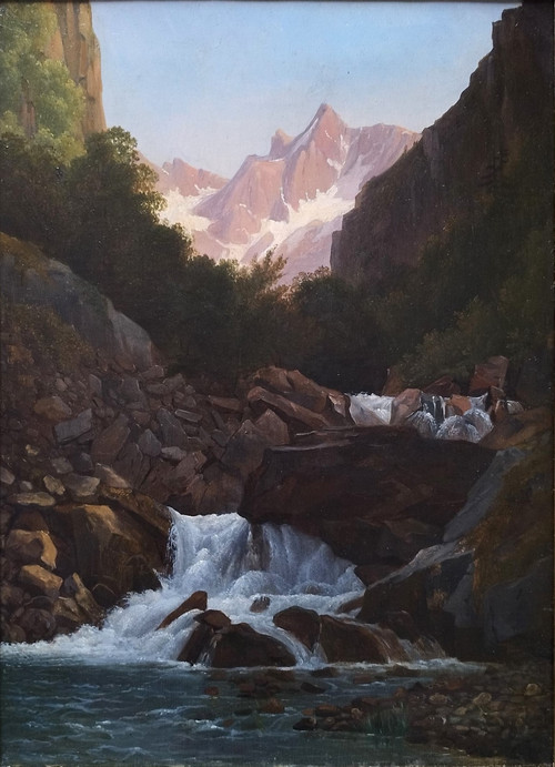 Tableau Huile Sur Toile Paysage Montagne Cascade école Suisse XIXème