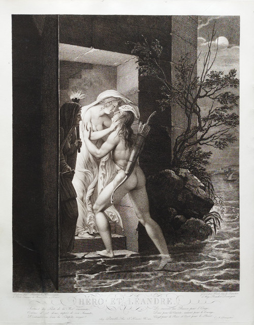 Etching Mythological Engraving Hero And Leander By Noël  19th C Old Print
