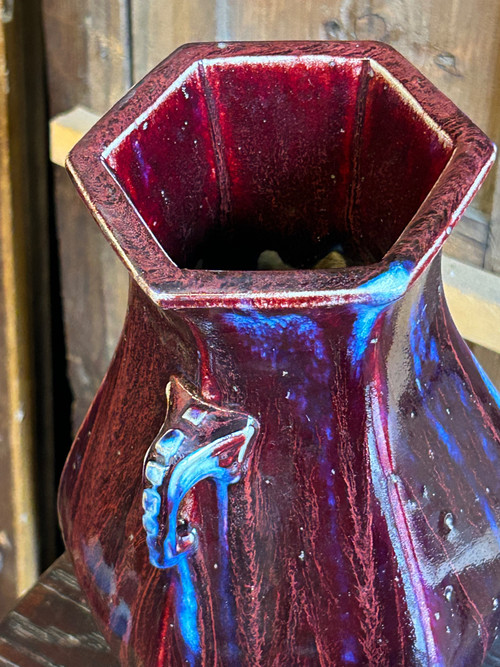 Blue And Aubergine Flamed Chinese Porcelain Vase, Elephant Head Handles, 19th Century 
