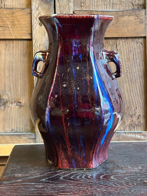 Blue And Aubergine Flamed Chinese Porcelain Vase, Elephant Head Handles, 19th Century 