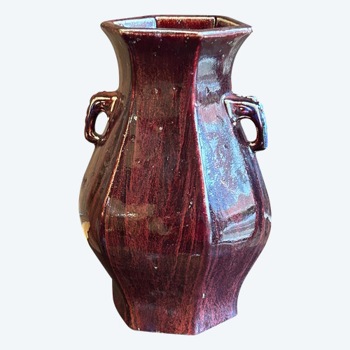 Blue And Aubergine Flamed Chinese Porcelain Vase, Elephant Head Handles, 19th Century 