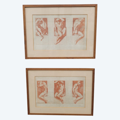 Coppia di incisioni nello stile della sanguigna (gesso rosso) 
