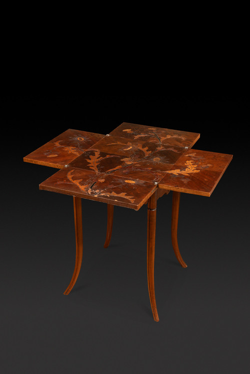 Game Table in Walnut and Veneer Marquetry with Floral Thistle Decoration (c. 1910) EMILE GALLE: