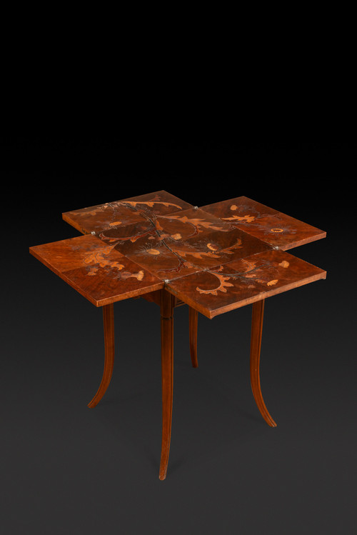 Game Table in Walnut and Veneer Marquetry with Floral Thistle Decoration (c. 1910) EMILE GALLE: