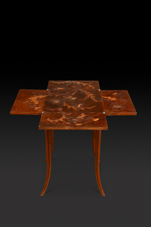 Game Table in Walnut and Veneer Marquetry with Floral Thistle Decoration (c. 1910) EMILE GALLE: