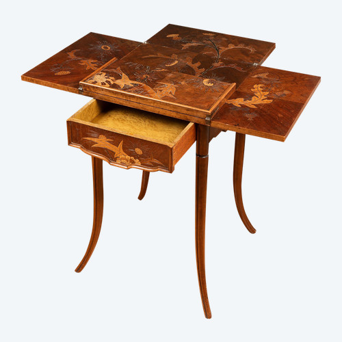 Game Table in Walnut and Veneer Marquetry with Floral Thistle Decoration (c. 1910) EMILE GALLE: