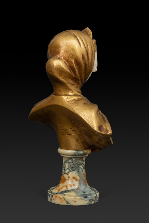 Busto in alabastro e bronzo dorato "GIOVANNA D'ARCO" (inizio del XX secolo) di G. VAN VAERENBERGH: