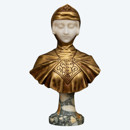 Busto in alabastro e bronzo dorato "GIOVANNA D'ARCO" (inizio del XX secolo) di G. VAN VAERENBERGH: