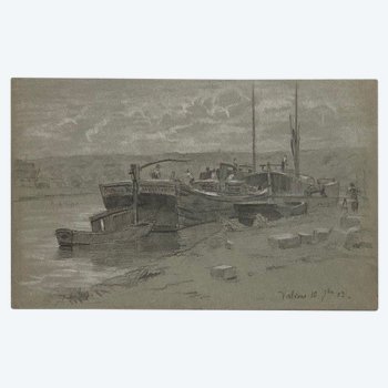Charles WISLIN (1852-1932) - Porto di Valvins - Fontainebleau - Scena di fiume