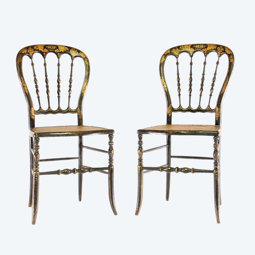 Deux Belles Chaises Napoléon III en Bois Noirci et Doré 