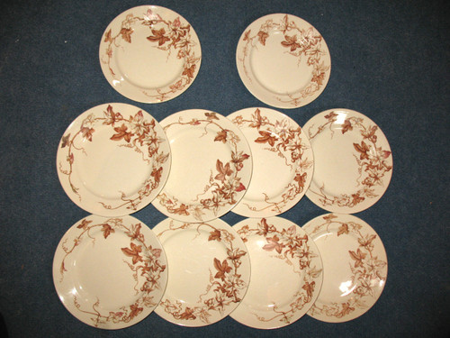 10 Lunéville earthenware plates with brown ivy decor, Art Nouveau period