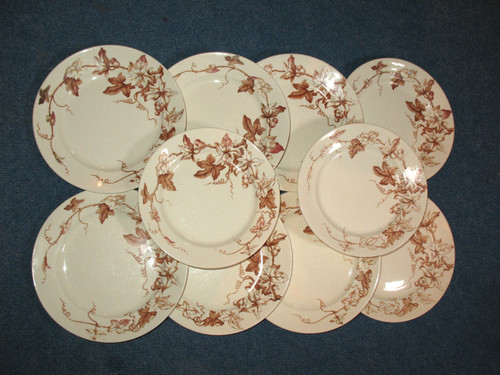10 Lunéville earthenware plates with brown ivy decor, Art Nouveau period
