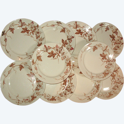 10 Lunéville earthenware plates with brown ivy decor, Art Nouveau period