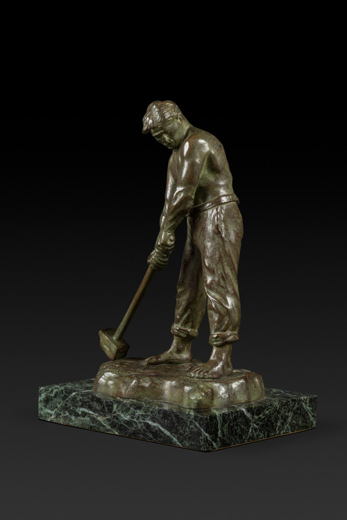 Kleine Art Déco-Bronzestatue "Le Marteleur" von Victor Demanet (1895-1964):