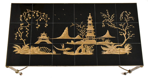Vintage-Couchtisch mit karierter Platte und chinesischer Landschaftsdekoration