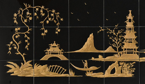 Vintage-Couchtisch mit karierter Platte und chinesischer Landschaftsdekoration