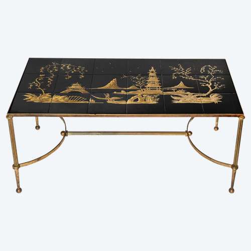 Vintage-Couchtisch mit karierter Platte und chinesischer Landschaftsdekoration