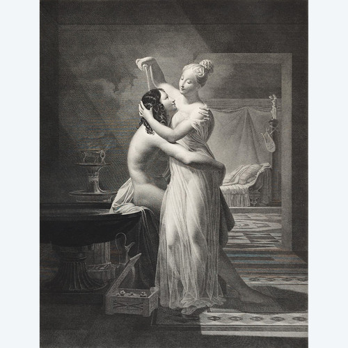 Gravure Mythologique Néoclassique Héro Et Léandre d'Après Delorme