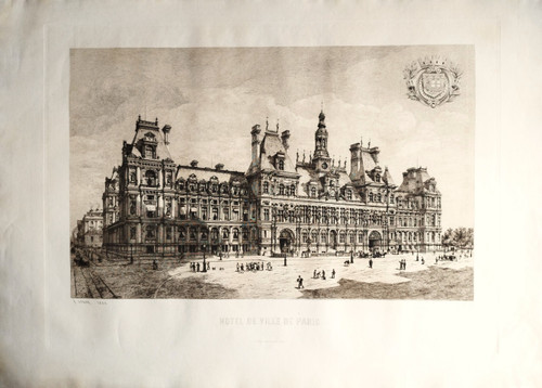 Etching Paris City Hall Engraving By Eugène Sadoux  Old Print Dated 1886 19th C