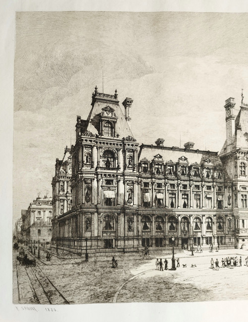 Etching Paris City Hall Engraving By Eugène Sadoux  Old Print Dated 1886 19th C