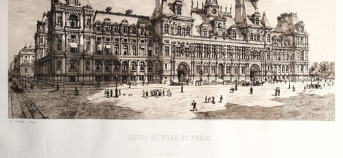 Etching Paris City Hall Engraving By Eugène Sadoux  Old Print Dated 1886 19th C