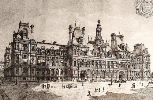 Etching Paris City Hall Engraving By Eugène Sadoux  Old Print Dated 1886 19th C