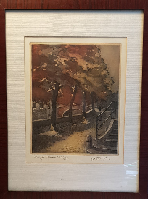 Gravure en couleurs, numérotée et signée, « GROENE GREI » (Bruges) de GIELIS PIERRE :