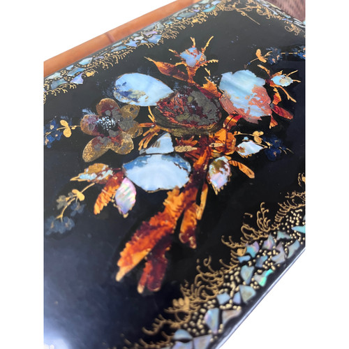 Small blackened wooden tea box with mother-of-pearl - Bird decoration - Napoleon III Period - 19th Century