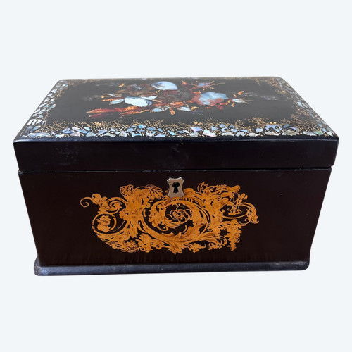 Small blackened wooden tea box with mother-of-pearl - Bird decoration - Napoleon III Period - 19th Century