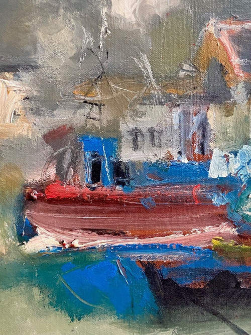 Jordi Bonas (1937-2017), Painting "Boats In Port", Oil On Canvas From the 1970s. 