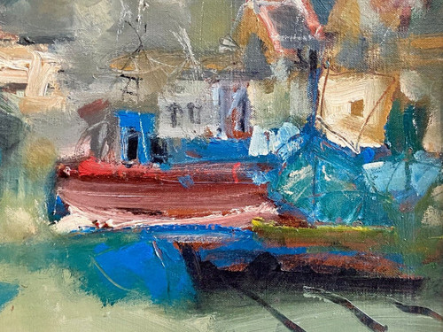 Jordi Bonas (1937-2017), Painting "Boats In Port", Oil On Canvas From the 1970s. 