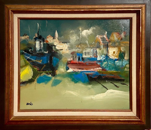 Jordi Bonas (1937-2017), Painting "Boats In Port", Oil On Canvas From the 1970s. 