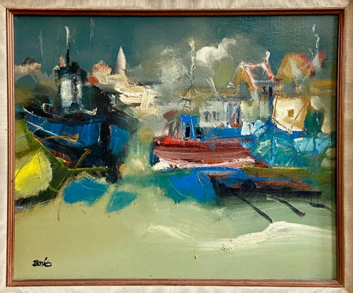 Jordi Bonas (1937-2017), Painting "Boats In Port", Oil On Canvas From the 1970s. 