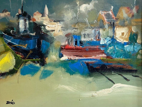Jordi Bonas (1937-2017), Painting "Boats In Port", Oil On Canvas From the 1970s. 
