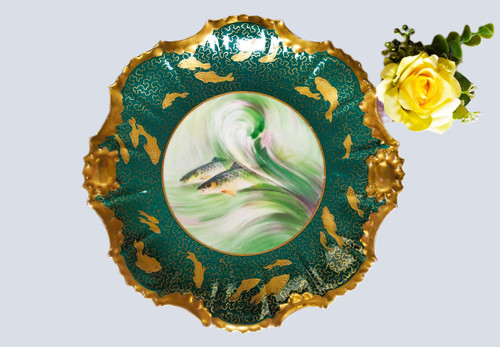 Piatto in porcellana di Limoges con decoro pesci dipinto a mano 