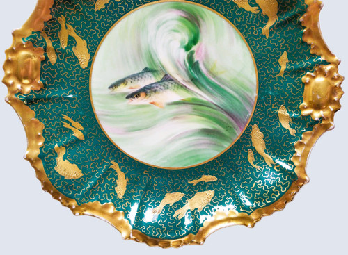 Piatto in porcellana di Limoges con decoro pesci dipinto a mano 