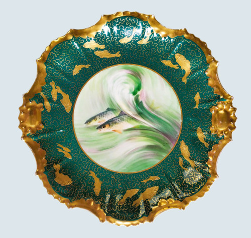 Piatto in porcellana di Limoges con decoro pesci dipinto a mano 