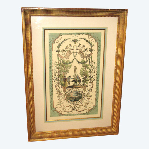 Bacchic feast after Watteau color engraving by J. Moyreau framed d: 66 x 91 cm 