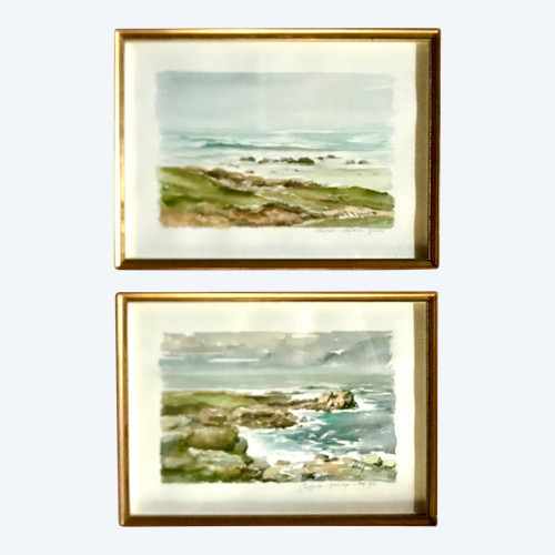 Due acquerelli di paesaggi costieri Brittany Porspoder e Gouérou Lampaul Plouarzel di R. FILY
