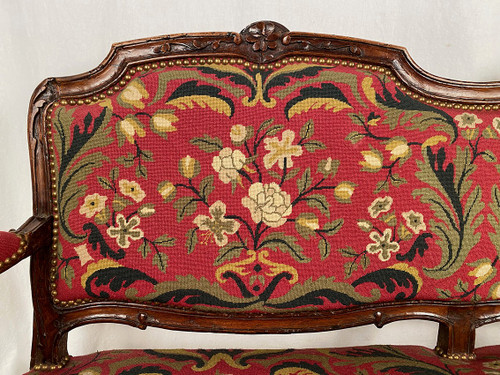 Louis XV-style bench seat upholstered with petit point tapestry, early 19th century