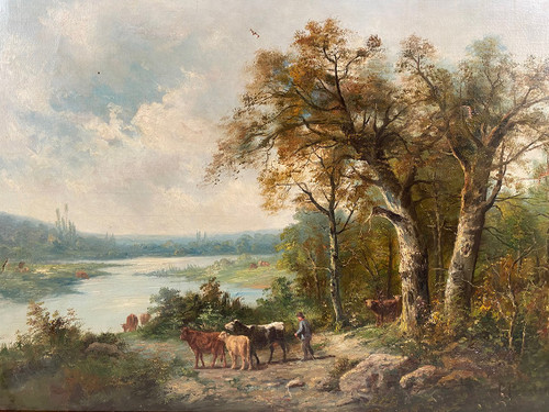 "Paysage aux vaches", large oil on canvas, 19th century, signed E.Perrier