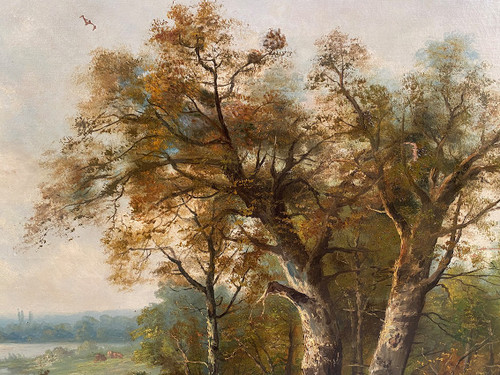 "Paysage aux vaches", large oil on canvas, 19th century, signed E.Perrier