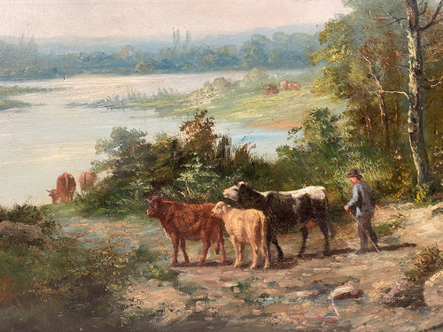 "Paysage aux vaches", large oil on canvas, 19th century, signed E.Perrier