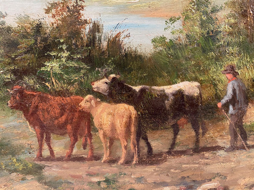 "Paysage aux vaches", large oil on canvas, 19th century, signed E.Perrier