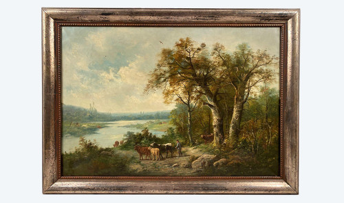 "Paysage aux vaches", large oil on canvas, 19th century, signed E.Perrier