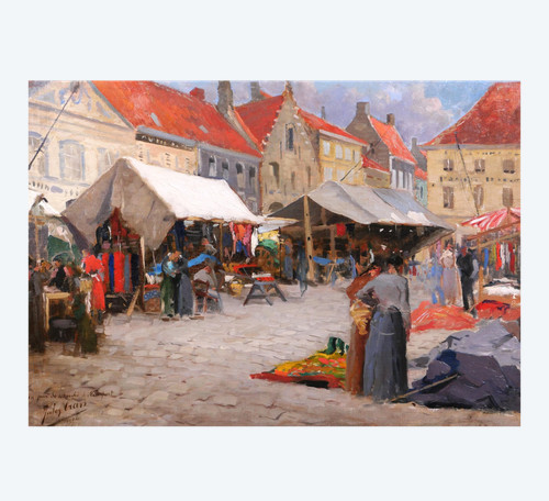 Jules Cran painting market Belgium Nieuwpoort impressionism Art Nouveau