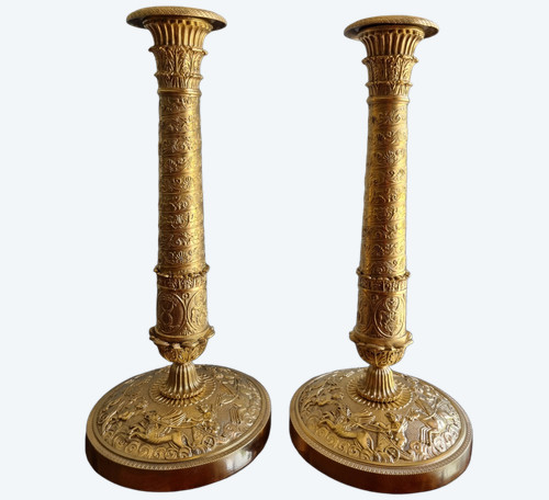 Pair of large torches with Eros chariot, early 19th century.