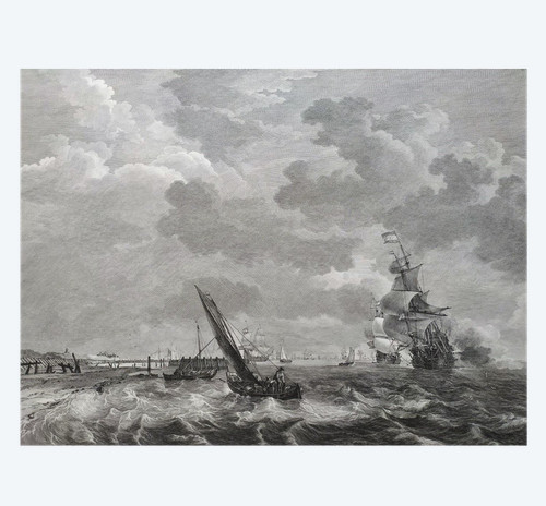 Etching Seascape Engraving After Ludolf Bakhuizen 18th c Old Print