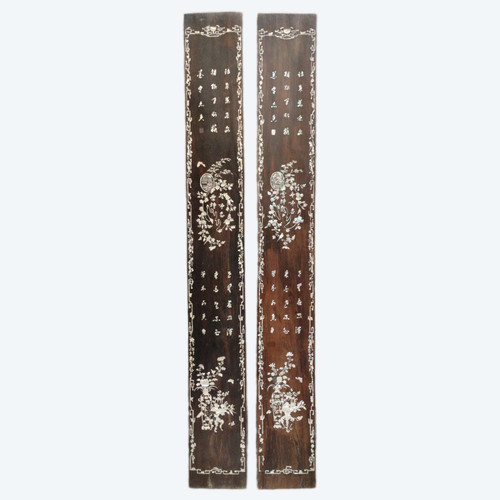 Pair Of Panels - Ironwood - Mother Of Pearl - China - V. 1900.
